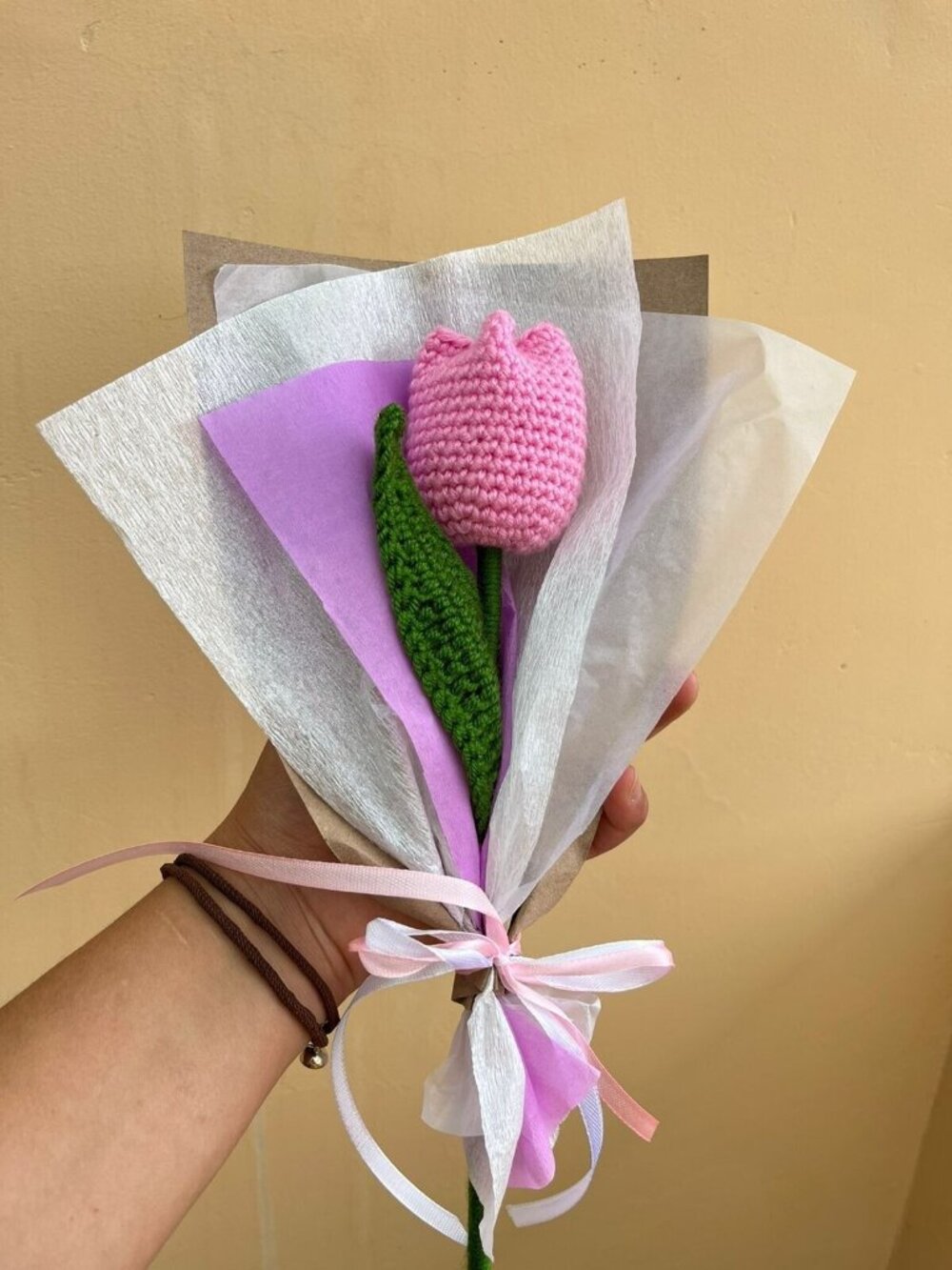 🌷Tulip Crochet Knitted Flower Bouquet Pink Eternal Flower pink Handmade New Oz